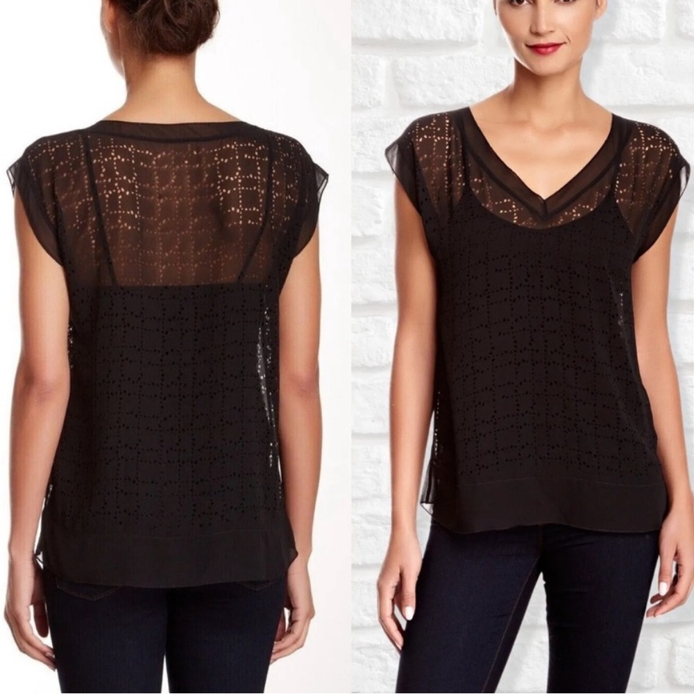 Eileen Fisher Black Laser Semi Sheer V-Neck Short Sleeve Top
